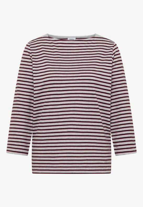 Langärmliges Damen-Shirt mit weißen, navyblauen und burgunderfarbenen Streifen.