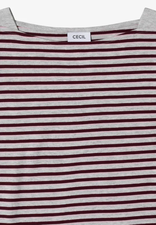 Hellgraues T-Shirt mit horizontalen dunkelroten Streifen und einem CECIL-Label am Kragen.
