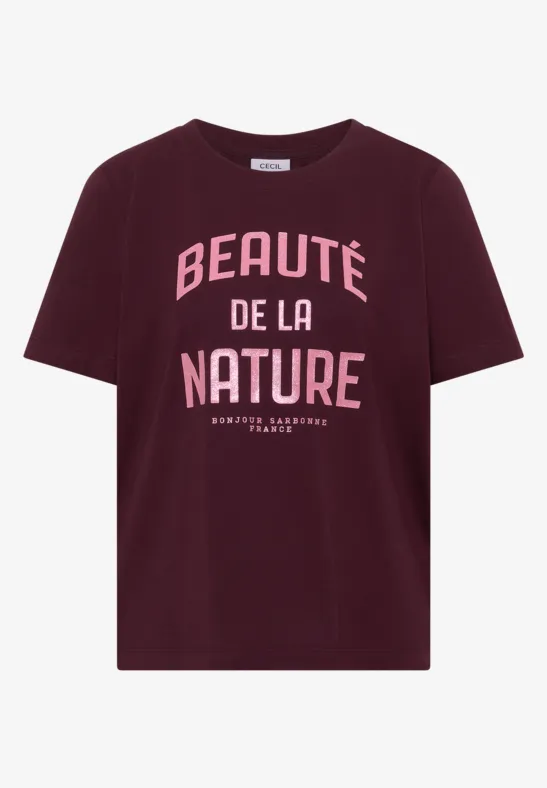T-shirt bordeaux avec inscription rose et blanche 'Beauté de la Nature' sur le devant.