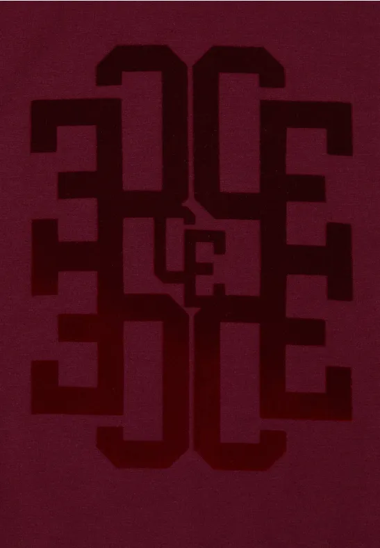 Abstraktes, symmetrisches Muster in dunklem Burgundrot, bestehend aus spiegelnden, eckigen Formen.