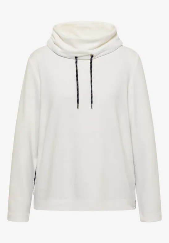 Weißer, lässiger Langarm-Pullover mit hohem Schlauchkragen und Kordelzug