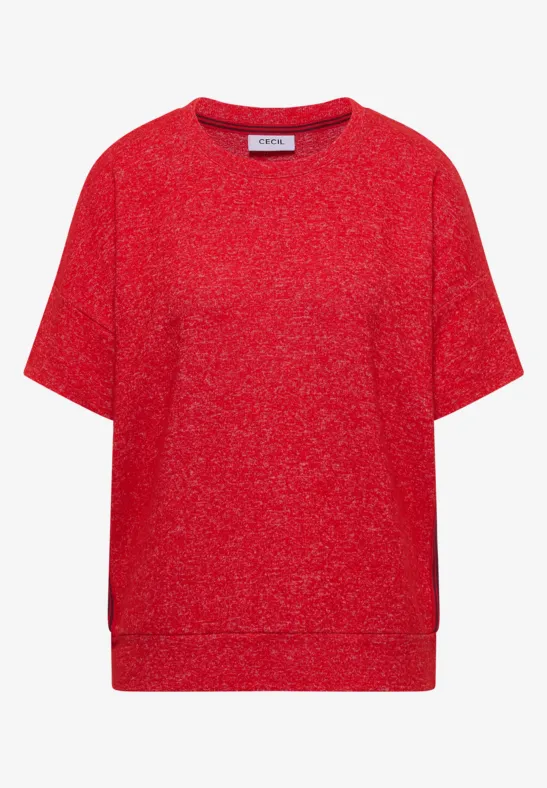 Ein rotes kurzärmeliges Sweatshirt mit feinem Melange-Effekt und Rundhalsausschnitt.