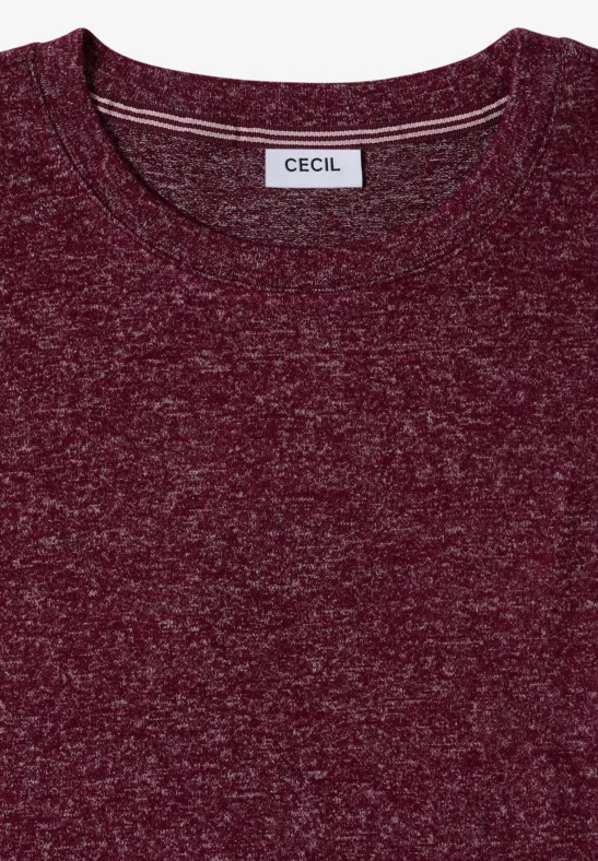 Dunkelrotes meliertes T-Shirt mit Rundhalsausschnitt und weißem 'CECIL'-Label im Nacken.