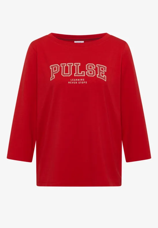 T-shirt à manches longues rouge avec l'inscription blanche 'PULSE' sur le devant.