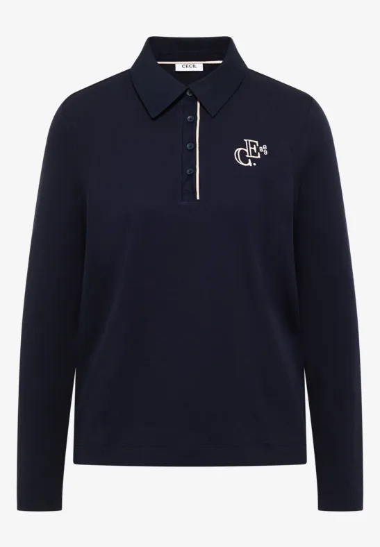 Polo à manches longues bleu marine avec fermeture éclair et logo monogramme discret