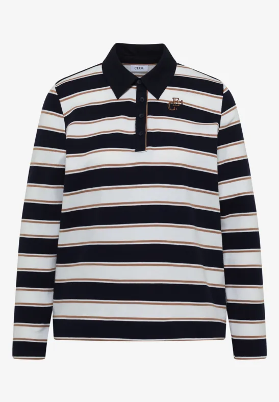 Polo à manches longues à larges rayures noire, blanche et dorée avec petit logo poitrine.