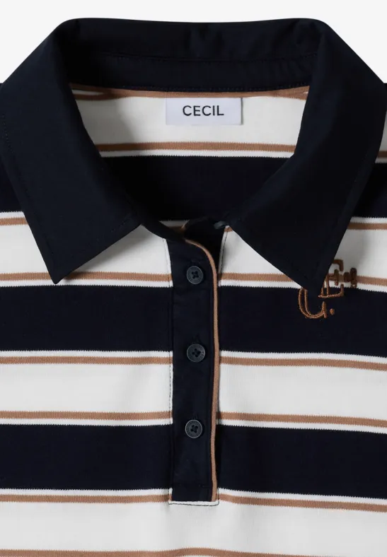 Polo rayé bleu marine et blanc avec fines rayures marron, col bleu marine et étiquette de marque 'Cecil'.