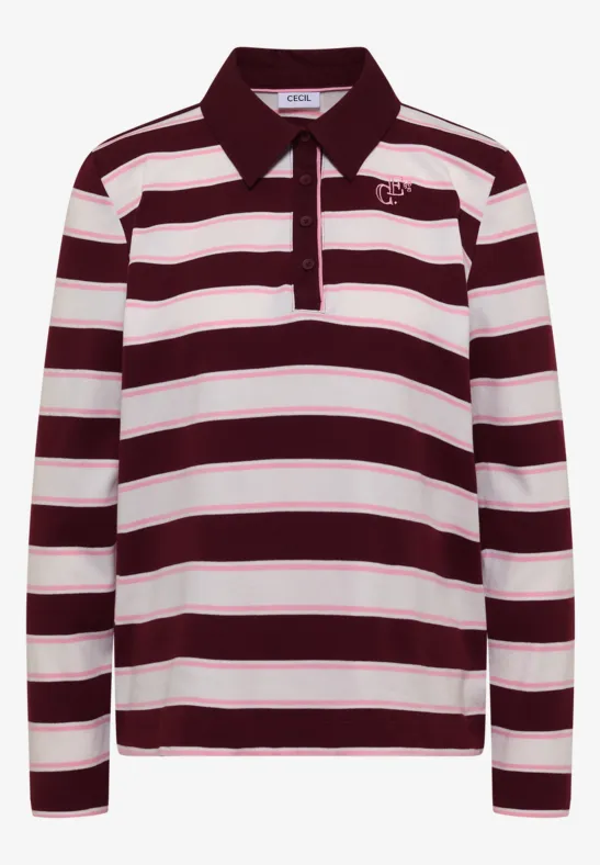 Langärmeliges Poloshirt mit breiten, horizontalen Bordeaux- und Weißstreifen.