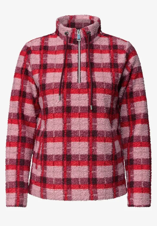 Roter-pinker kariertes Fleece-Jacke mit Stehkragen und Reißverschluss.