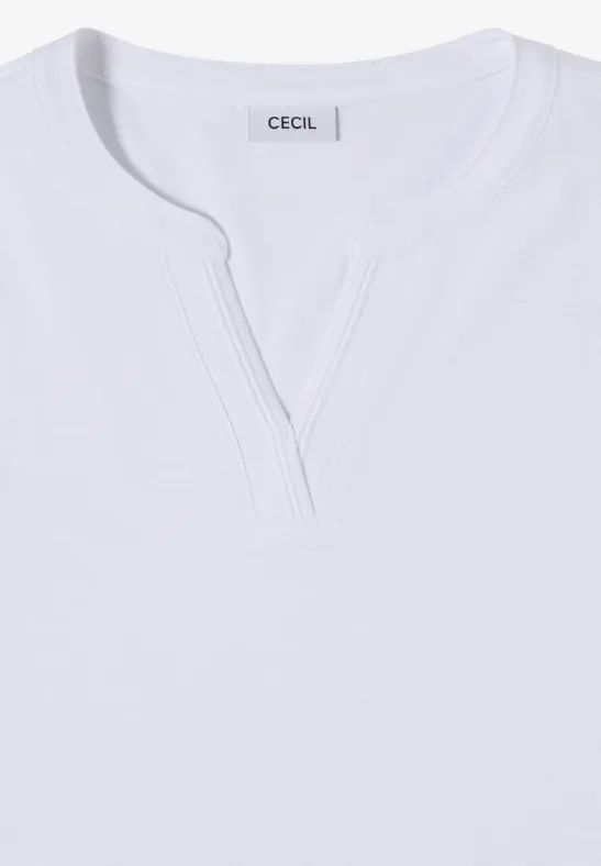 Prosty biały T-shirt z okrągłym dekoltem i niewielkim rozcięciem w kształcie V, metka CECIL wewnątrz.