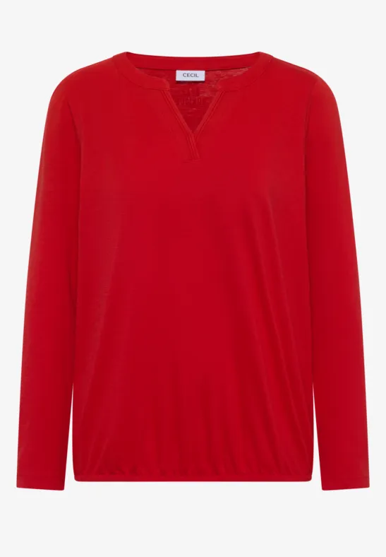Czerwony longsleeve z wstawką w kształcie V przy okrągłym dekolcie i elastycznym dołem