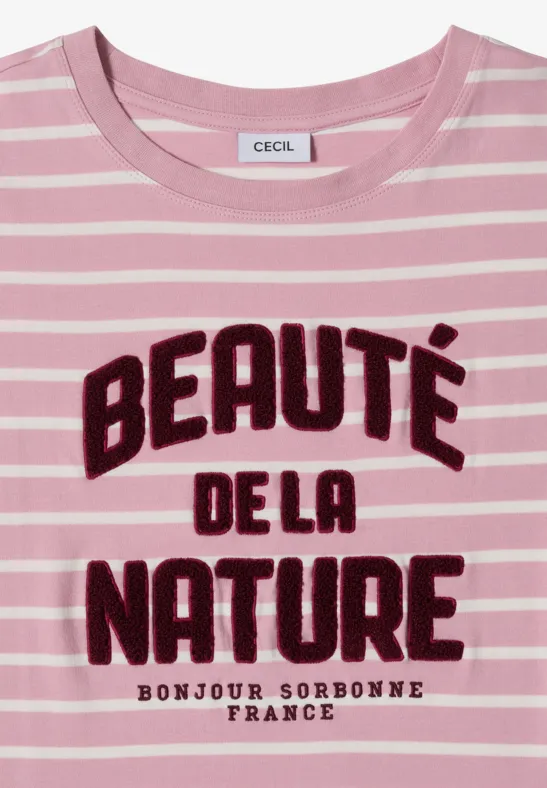 Rosa-weiß gestreiftes T-Shirt mit 'Beauté de la Nature' und kleinem 'Bonjour, Bordeaux, France' Druck.