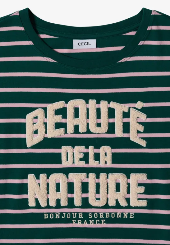 Grün-rosa gestreiftes T-Shirt mit Aufdruck 'Beauté de la Nature Bonjour Sorbonne' von CECIL.