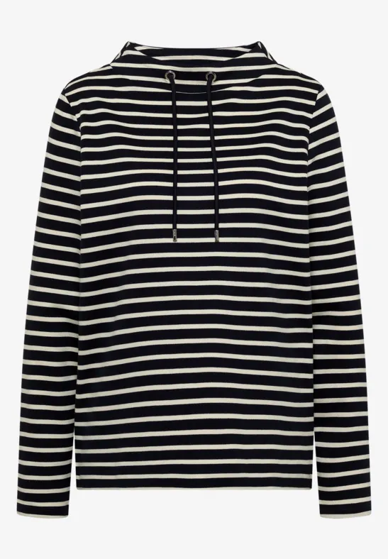 Schwarzer Hoodie mit weißen Querstreifen und Kapuze, langärmelig