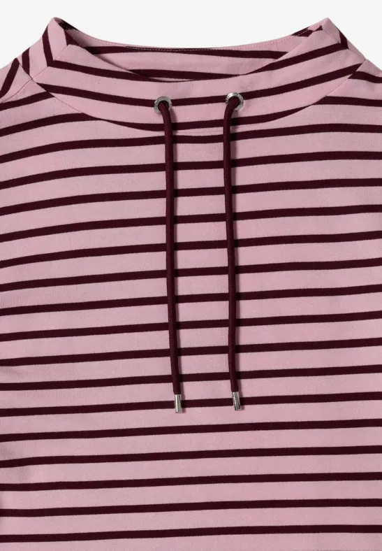 Rosa Hoodie mit dunklen Querstreifen und Kordeln