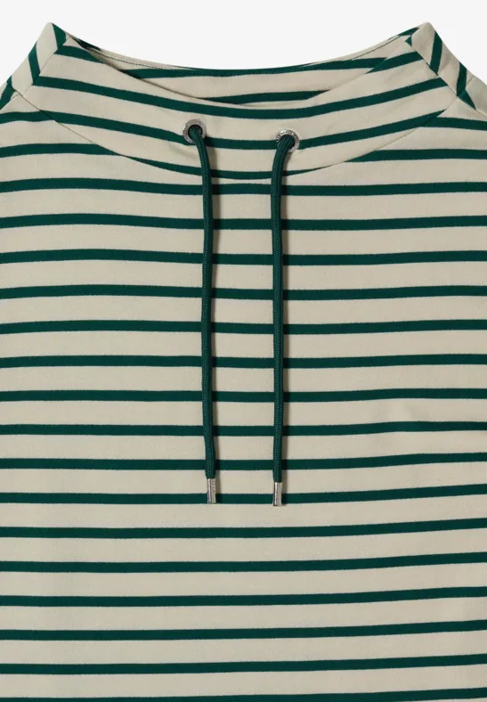 Gestreiftes Shirt mit Rundhals und Kordelzug in Weiß und Dunkelgrün.
