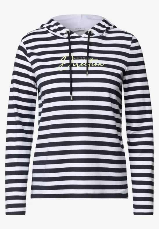 Damen-Hoodie mit schwarzen und weißen Streifen, Kapuze und dezentem Logo auf der Brust.