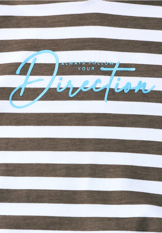 Bruin-wit gestreept T-shirt met turkooise tekst "Follow your Direction".