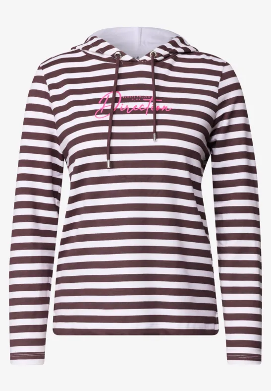 Braun-weiß gestreifter Kapuzenpullover mit pinkem Schriftzug vorne