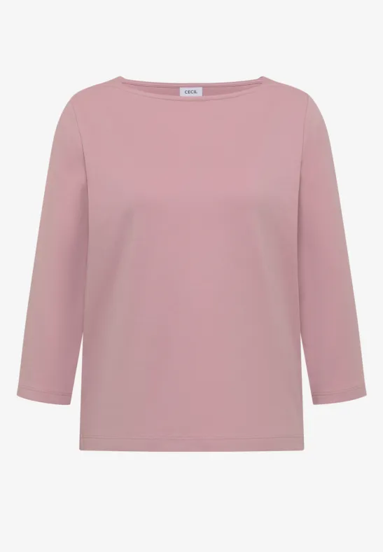 Damen-Langarmshirt in zartem Rosé mit U-Boot-Ausschnitt und geradem Schnitt.