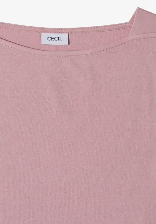 Ein schlichtes, rosafarbenes T-Shirt mit Rundhalsausschnitt und 'CECIL'-Etikett am Kragen.