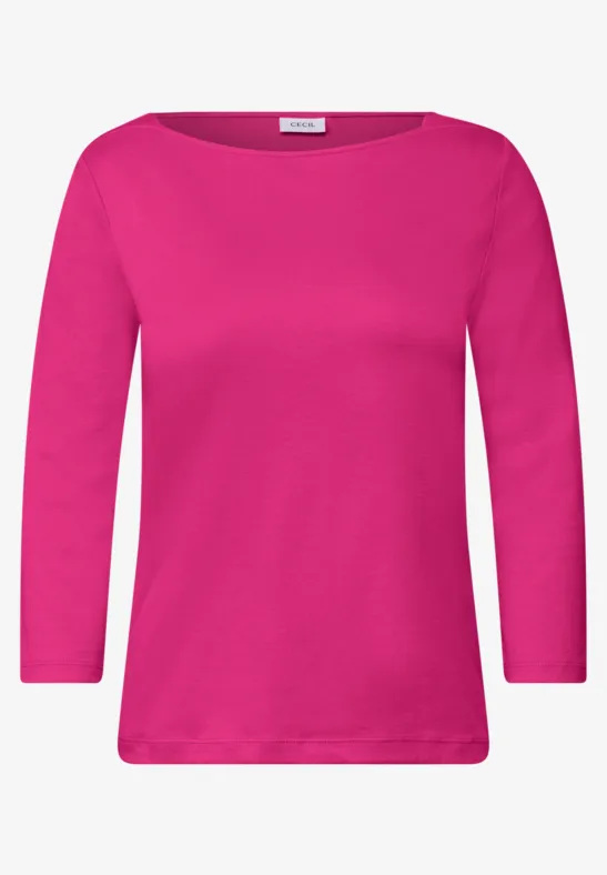 Pinkes Langarmshirt mit ¾-Ärmeln und Rundhalsausschnitt.