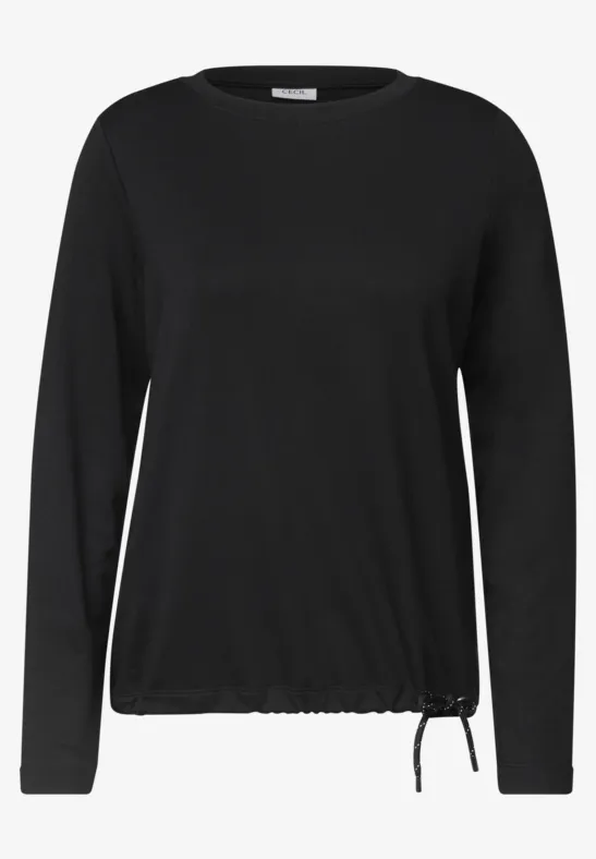 Zwart shirt met lange mouwen, ronde hals en koord aan de zoom.