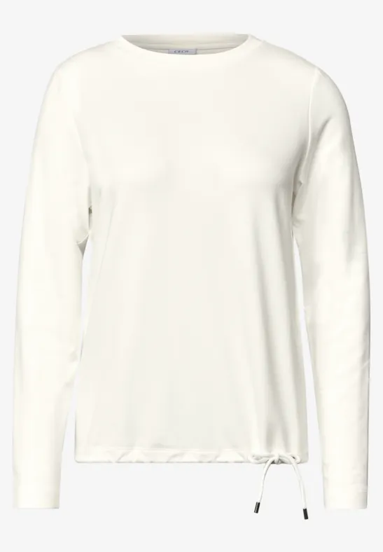 Schlichtes weißes Langarmshirt mit rundem Ausschnitt und Tunnelzug am Saum.