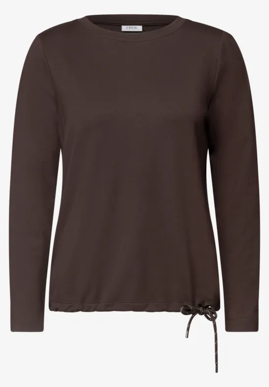 Braunes Damen-Langarmshirt mit Rundhalsausschnitt und seitlicher Kordel am Saum.