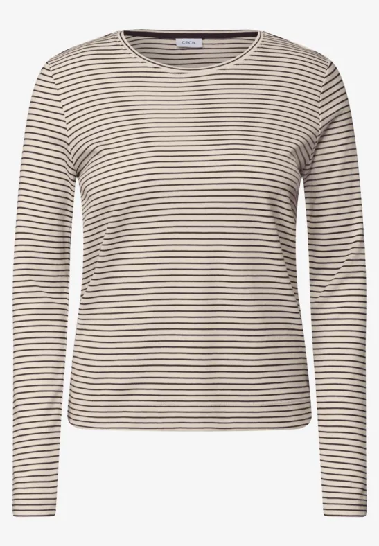 Beige-weiß gestreiftes Langarmshirt mit Rundhalsausschnitt.