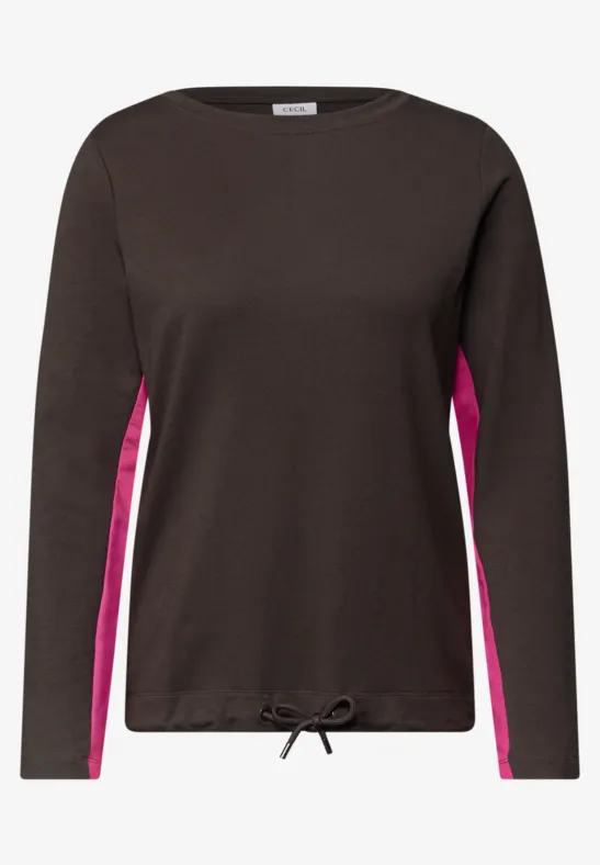 Schwarzes Langarmshirt mit pinken Seiteneinsätzen und Kordelzug am Saum.