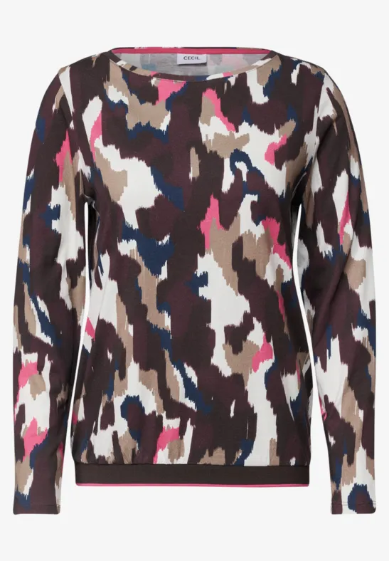 Langärmliges Damenoberteil mit buntem Camouflage-Muster in Braun, Weiß, Blau und Pink.