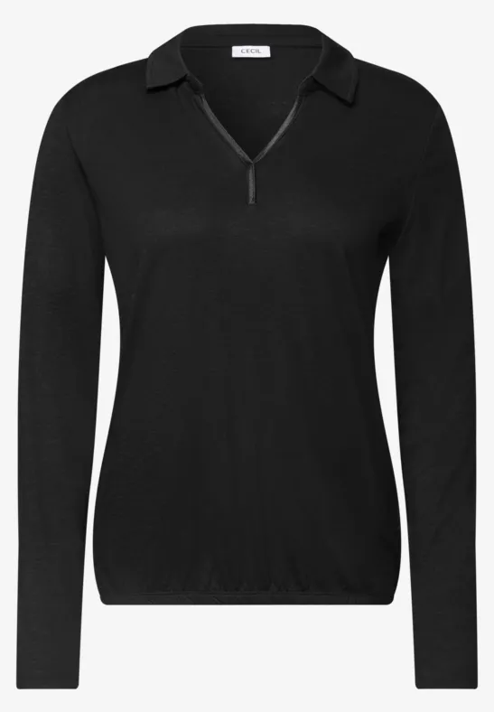 Schwarzes Langarmshirt mit Kragen, V-Ausschnitt und kurzem Reißverschluss