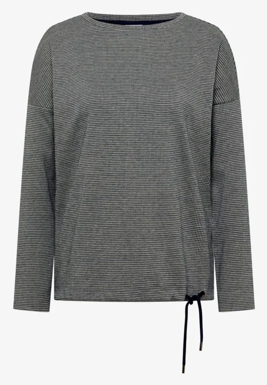 Graues Langarmshirt mit rundem Ausschnitt und seitlicher Kordel zum Binden.