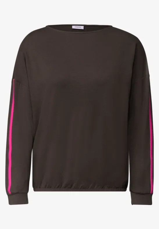 Dunkelbraunes Langarm-Sweatshirt mit pinken Seitenstreifen an den Ärmeln.