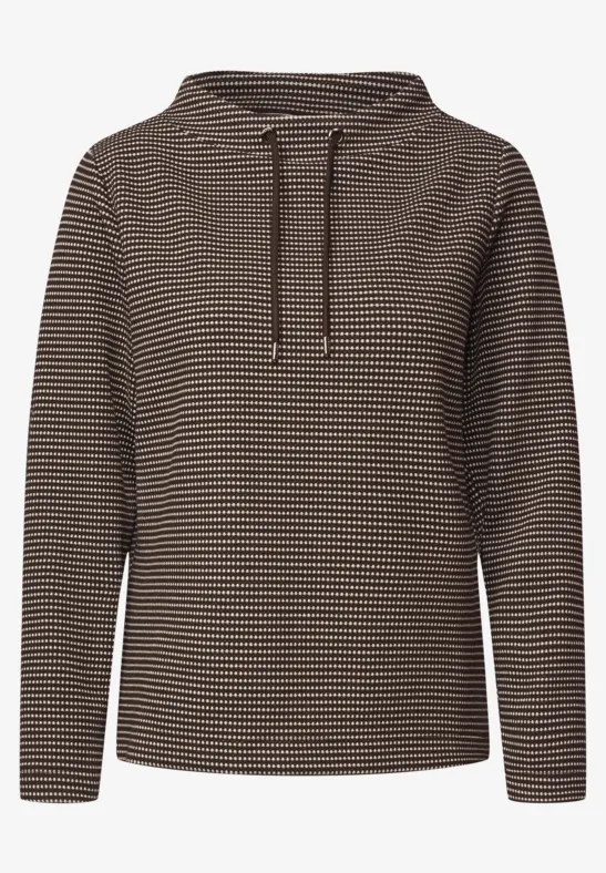 Bruine hoodie met fijne lichte strepen, capuchon met trekkoord en lange mouwen.