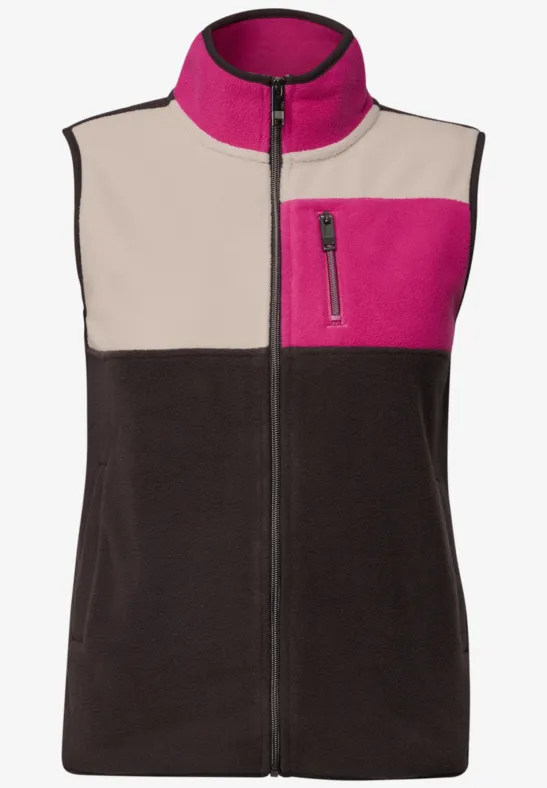 Ärmellose Fleece-Weste in Schwarz mit beigen Schultern, pinken Akzenten, Reißverschluss und Brusttasche.