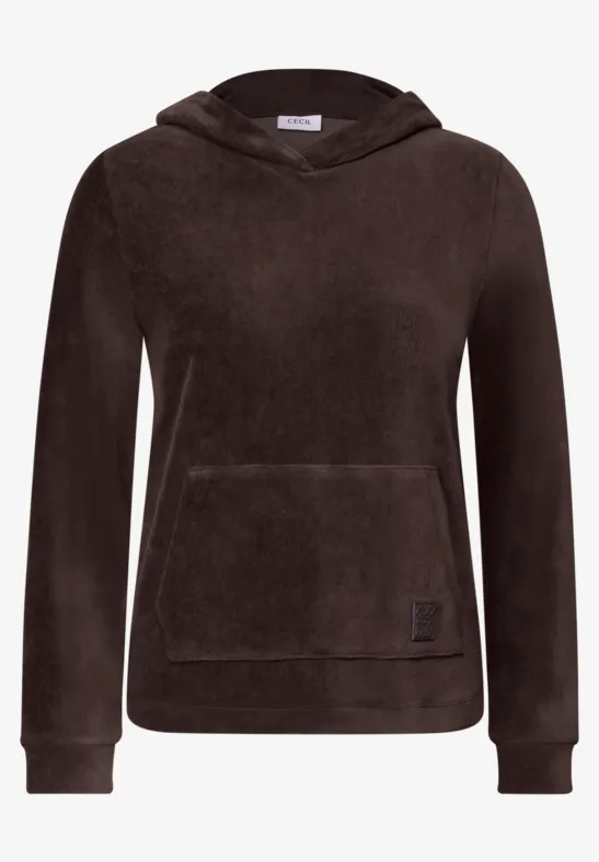 Brauner Kapuzenpullover aus weichem Fleece mit Kängurutasche und Bündchen an Ärmeln und Saum.