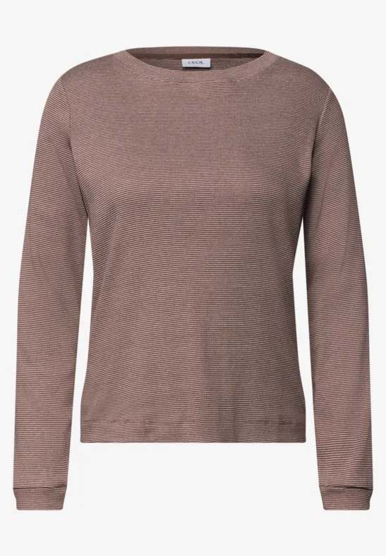 Brauner, langärmliger, schlichter Damenpullover mit Rundhalsausschnitt.