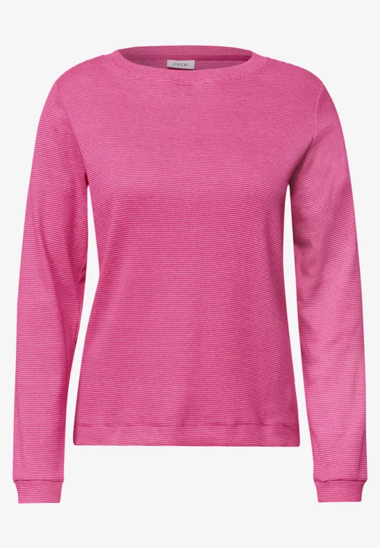 Ein einfarbiger pinker Pullover mit rundem Kragen und langen Ärmeln.