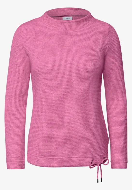 Eleganter pinker Pullover mit Rundhalsausschnitt, langen Ärmeln und seitlichem Tunnelzug am Saum.
