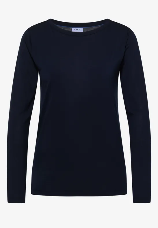 Schlichtes dunkelblaues Langarm-Shirt für Damen mit Rundhalsausschnitt.