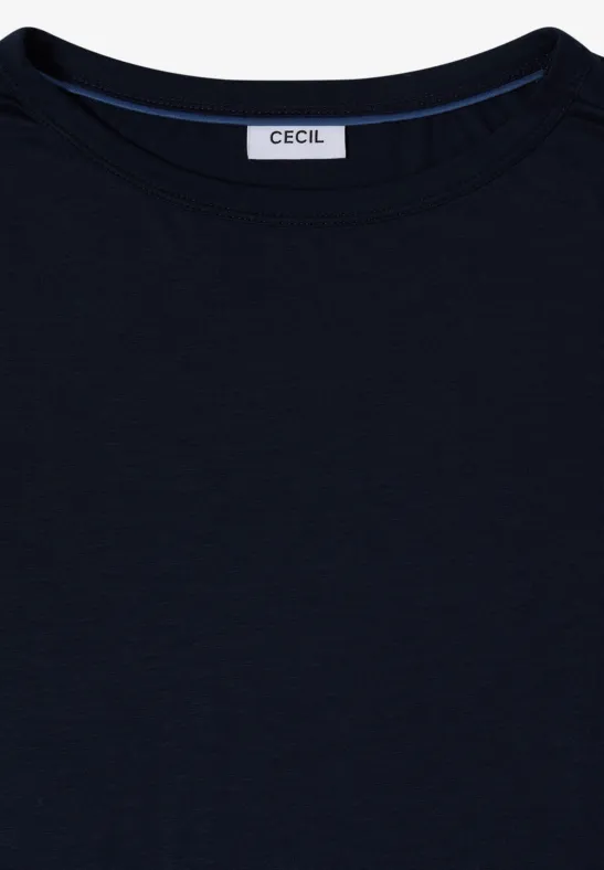 Dunkelblaues Rundhalsshirt mit Label 'CECIL' im Nacken.