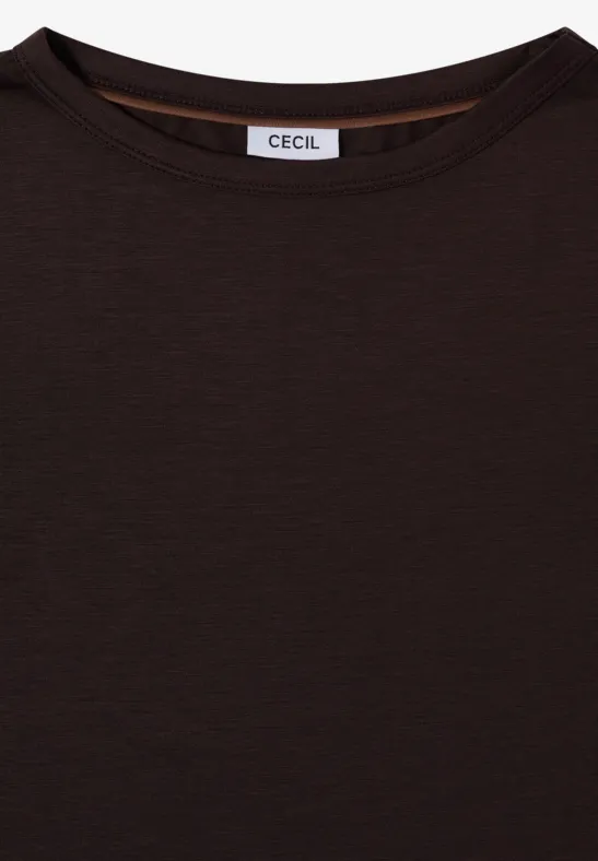 Schwarzes T-Shirt mit Rundhalsausschnitt und CECIL-Label.
