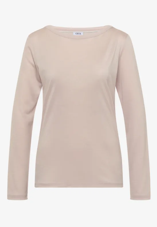 Beige Damen-Langarmshirt mit Rundhalsausschnitt und schlichtem Design.