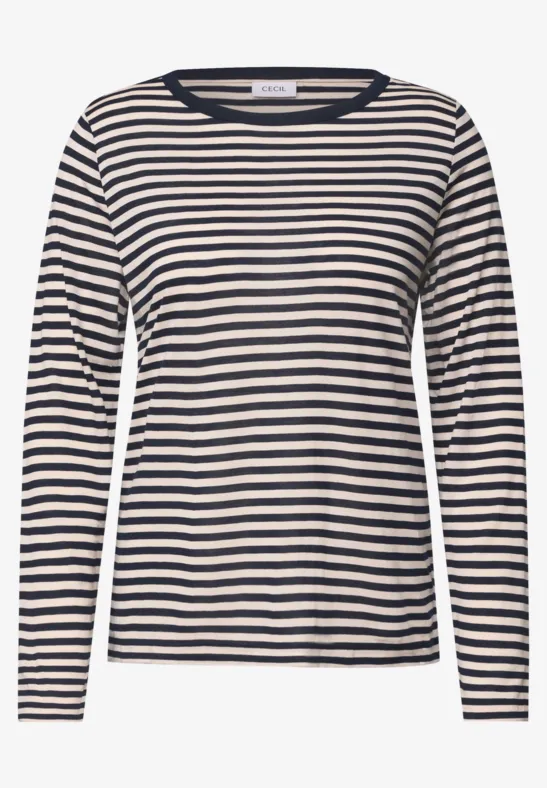 Langärmliges Shirt mit weißen und dunkelblauen Streifen und Rundhalsausschnitt.