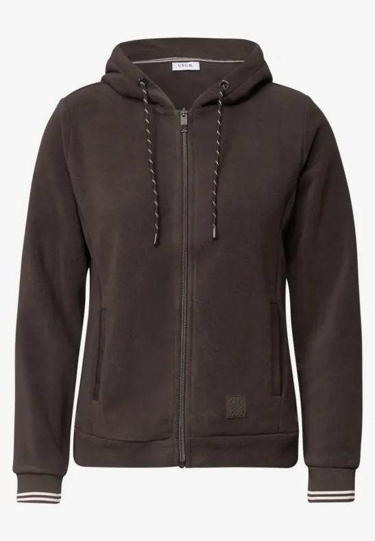 Veste à capuche polaire marron foncé zippée, poches kangourou, poignets à rayures et cordon de serrage.