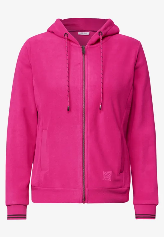 Leuchtend pinkfarbene Kapuzenjacke mit Reißverschluss und seitlichen Taschen.