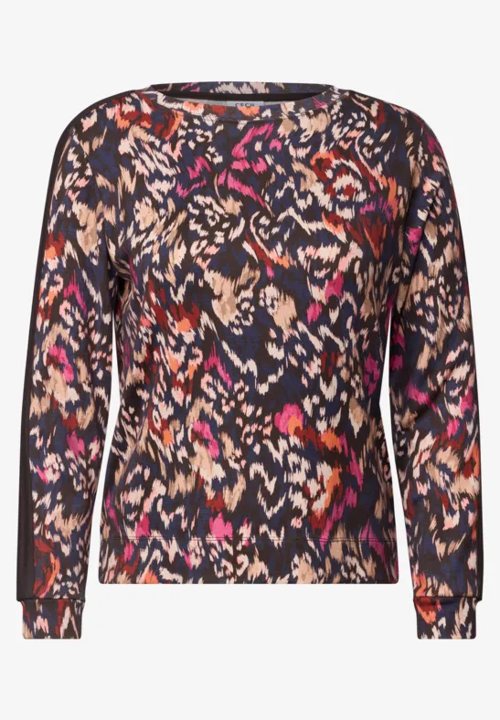 Lang shirt met abstracte meerkleurige print op een zwarte basis