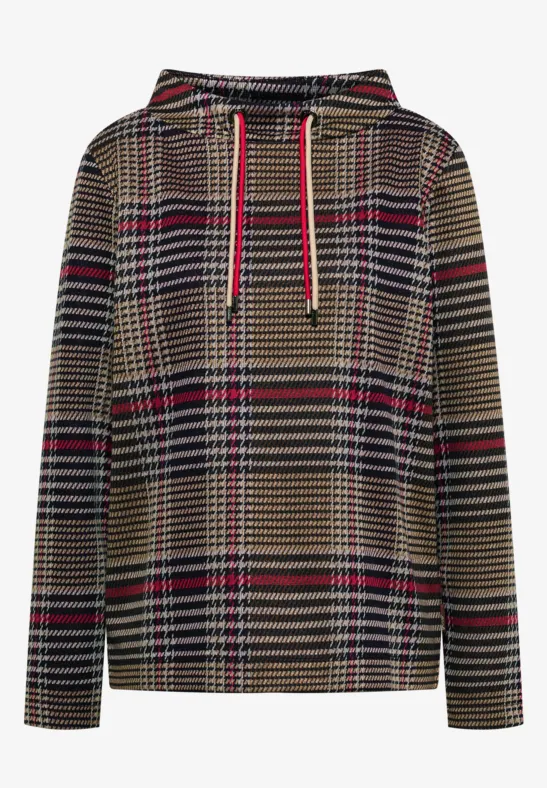 Kapuzensweater mit kariertem Muster in Beige, Schwarz und Rot, mit Kordelzug und legerem Schnitt.